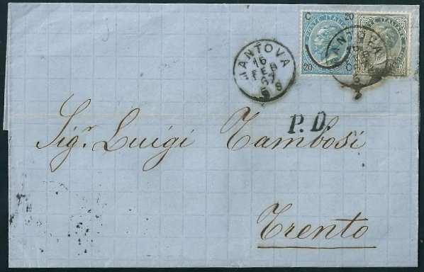 Da Lecce a Napoli, tariffa 2 porto interno raccomandato. Bollo a doppio cerchio di Lecce 18 luglio 1866, con annullatore numerale a punti 96 dei francobolli. Cent. 10, cent.