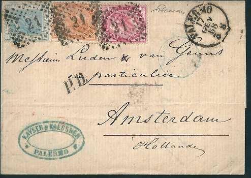 2 23 maggio 1867, con annullatore numerale a punti 87 dei francobolli. Cent. 60 (T21).