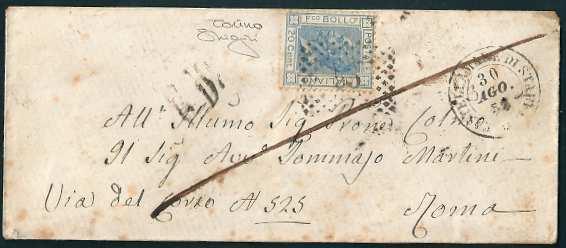Bollo cerchio semplice con ora di Palermo 17 gennaio 1868 con annullo numerale a punti 21 dei francobolli. Cent 10 (T17), cent.