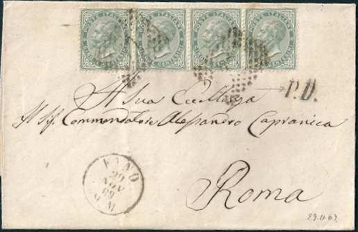 Bollo a doppio cerchio di Torino 4 settembre 1869, con annullatore numerale a punti 189 dei francobolli, in cartella