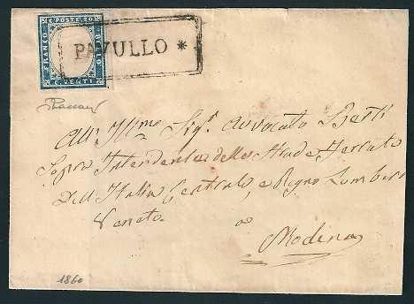Da Pavullo a Modena in data 9 dicembre 1860 (bollo di arrivo al verso), tariffa di 1 porto per l'interno regno di Sardegna, con annullo ducale di Pavullo (coperta di lettera senza risguardi laterali).