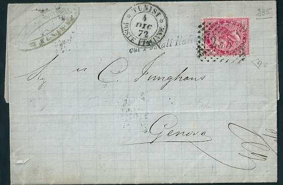 Bollo a doppio cerchio di Tunisi 4 marzo 1868, con annullatore numerale a punti 235 dei francobolli. Cent. 40 e cent.
