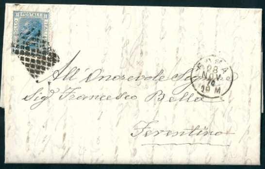 Da Roma a Ferentino 28 novembre 1870, francobolli italiani e tariffa italiana, periodo dal 1 novembre. Annullo e bollo Italiano con ore. Cent. 20 (T26).