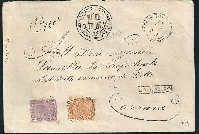 Da Torino a Carrara, secondo porto raccomandato. Bollo doppio cerchio di Torino 28 aprile 1877, con annullatore numerale a punti 28 dei francobolli. Cent. 10 e cent. 60 (T17 e T21).