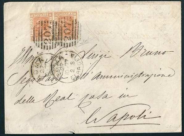 Da Roma a Napoli 27 ottobre 1877, tariffa 2 porto interno con annullatore numerale a barre 207 dei francobolli. Cent. 20 (28).