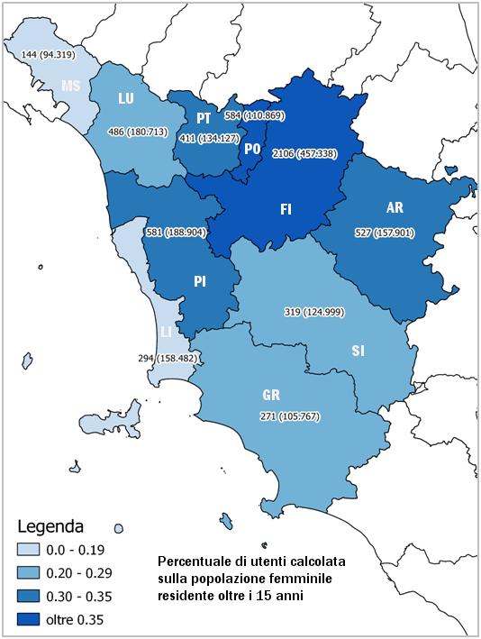 Fig. 1 Donne dai 15 anni in su residenti al 1 gennaio 2012 (cifre tra parentesi) e donne che si sono rivolte ai centri dal 1 luglio 2009 al 30 giugno 2012. Distribuzione provinciale valori assoluti.