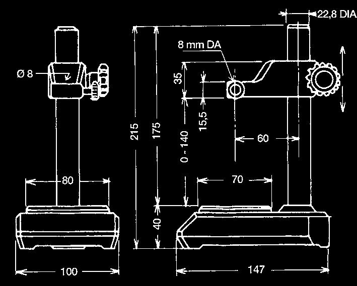 Regolazione micrometrica con sistema brevettato di traslazione parallela, indicato per collaudo e laboratorio. Attacco ø 8. Steel base with fine adjustment stand.