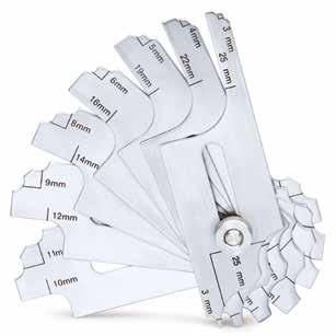 TECHNICAL SPECIFICATIONS Fillet weld gauge 7 blades Fillet Accuracy AB1500425 3, 4, 5, 6, 8, 9, 10, 11, 12, 14, 16, 19, 22, 25 ± 0,5 Calibro per saldature 7 lame.