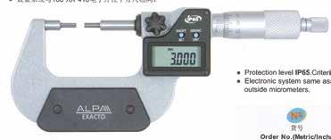 IP65 Small surfaces digital micrometer EXACTO BA05525 0 25 BA05550 25 50 BA05575 50 75 BA055100 75 100 Accuracy ± 0,002 ± 0,003 Micrometro digitale IP65 con contatti ridotti. Risoluzione 0,001.