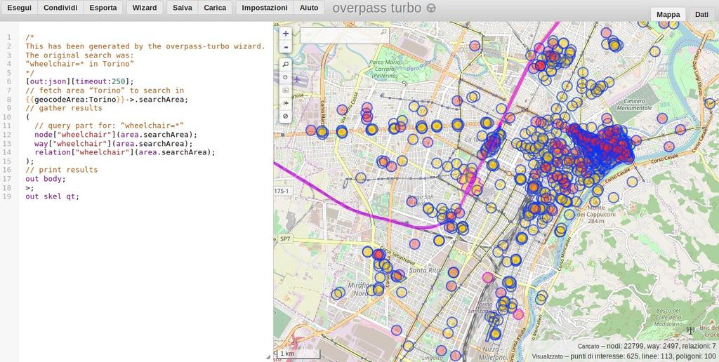 Query con Overpass API Informazioni su accessibilità a Torino