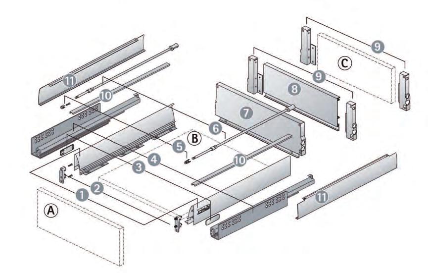 regolazione del frontale Perfetto scorrimento con guida quadro ad estrazione totale con Silent System per una chiusura delicata e silenziosa Il cassettone InnoTech si può montare agevolmente