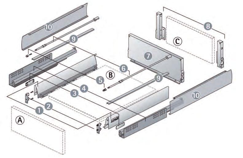 regolazione del frontale Perfetto scorrimento con guida quadro ad estrazione totale con Silent System per una chiusura delicata e silenziosa Il cassettone InnoTech si può montare agevolmente