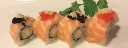 (uramaki di gambero in tempura ricoperto di pesce fl ambè, salsa