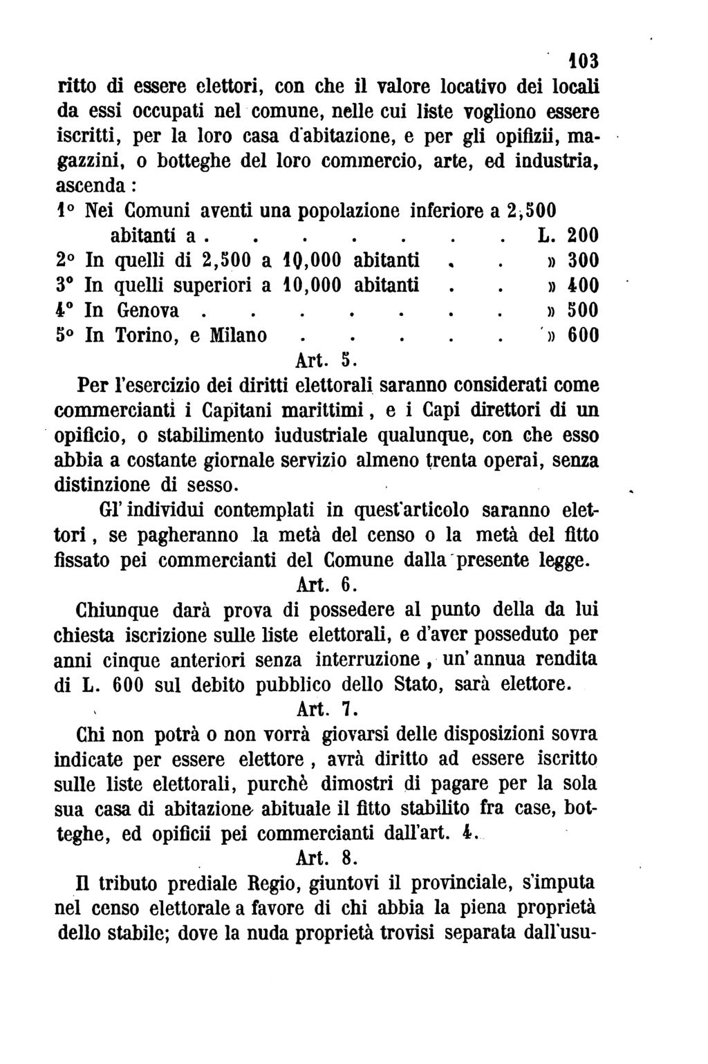 103 ritto di essere elettori, con che il valore locativo dei locali da essi occupati nel comune, nelle cui liste vogliono essere iscritti, per la loro casa d'abitazione, e per gli opifizii, ma