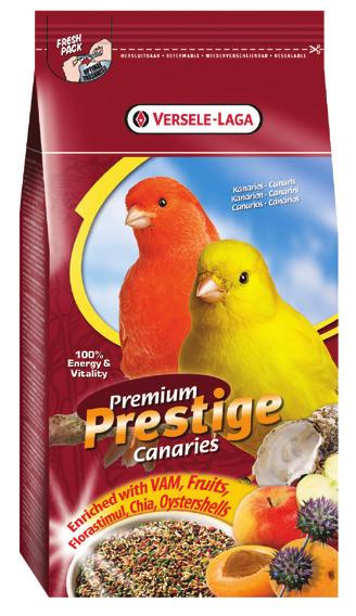Uccelli Premium Canarini Premium Miscela Premium per canarini con 2% di chia, di perilla bianca e 1,5% di semi di carota.