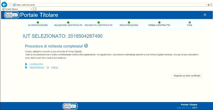 È quindi possibile scaricare: il contratto firmato, ove è presente la user da utilizzare per marcare i documenti, un