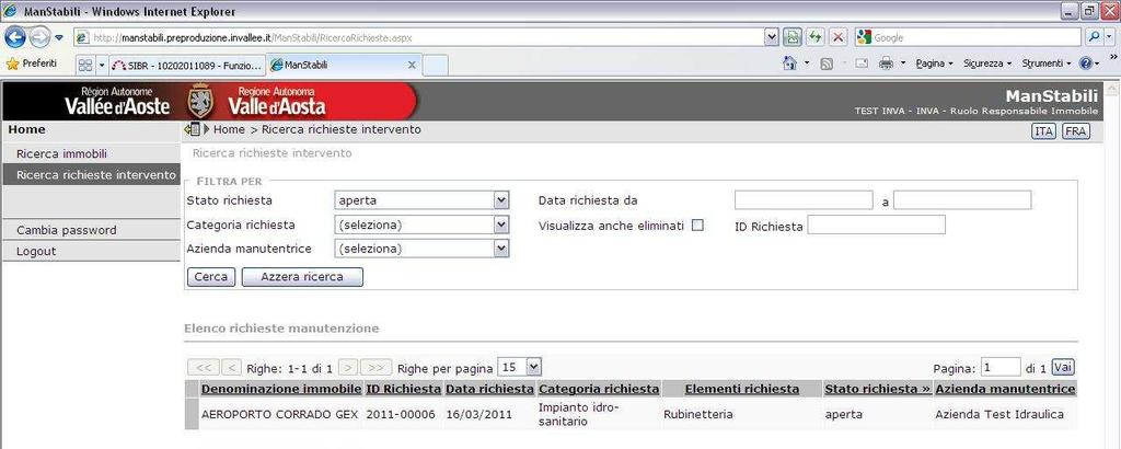 RICERCA RICHIESTA D INTERVENTO Pagina di ricerca richiesta il sistema presenta la schermata per l inserimento della richiesta d intervento.