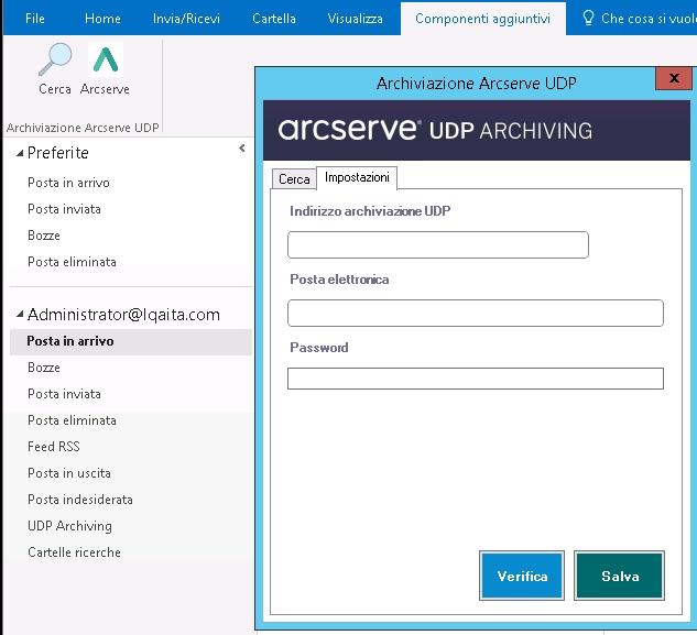 Aggiunta di UDP Archiving come plug-in di Outlook 5. Fare clic su Verifica. Se i dettagli immessi sono validi, verrà visualizzato il seguente messaggio: Accesso eseguito correttamente. 6.