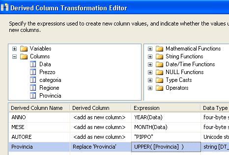 Database and data mining group, Data Flow Trasformations: Derived column Crea nuove colonne Per ogni tupla il contenuto delle nuove colonne può essere una costante oppure il risultato di una funzione