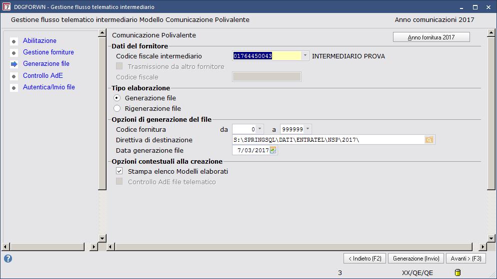 Prendere nota molto bene della cartella in cui viene salvato il file telematico per poterlo poi inviare al commercialista. Premere Generazione (Invio). Viene creato il file telematico.