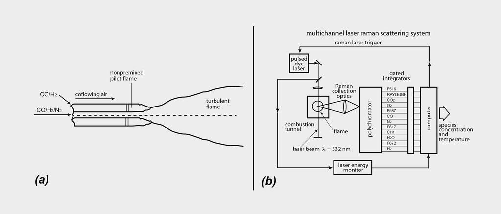 Fig. 4.49 Schema di una fiamma turbolenta e di un apparato ottico per il rilevamento di concentrazioni di specie chimiche (figure tratte dai lavori di Masri e Dibble, 1988). Fig. 4.49 Schema di una fiamma turbolenta e di un apparato ottico In fig.