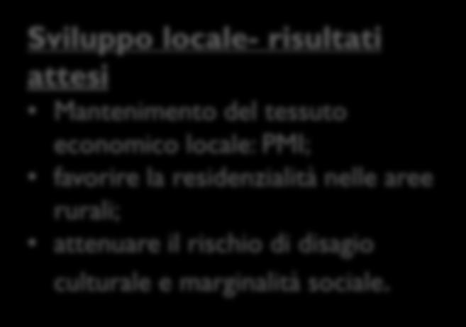 RUOLO DEI PSL sperimentare strategie/azioni pilota e innovative nei metodi, capaci di innescare effetti imitativi e duraturi Sviluppo locale- risultati attesi Mantenimento del tessuto economico