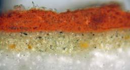 B: (30-75 µm) ocra gialla, carbonato di calcio e magnesio e nero carbone.rari granuli aranciati di ocra arancio. Zolfo (0,24%).