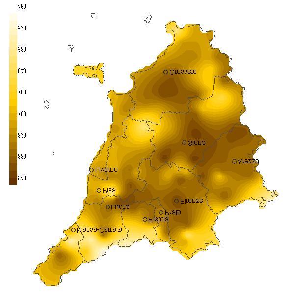 Figura 3. Distribuzione regionale della sommatoria delle precipitazioni (1 Aprile 30 Settembre ). Figura. Distribuzione regionale della sommatoria dell ET 0 (1 Aprile 30 Settembre ).