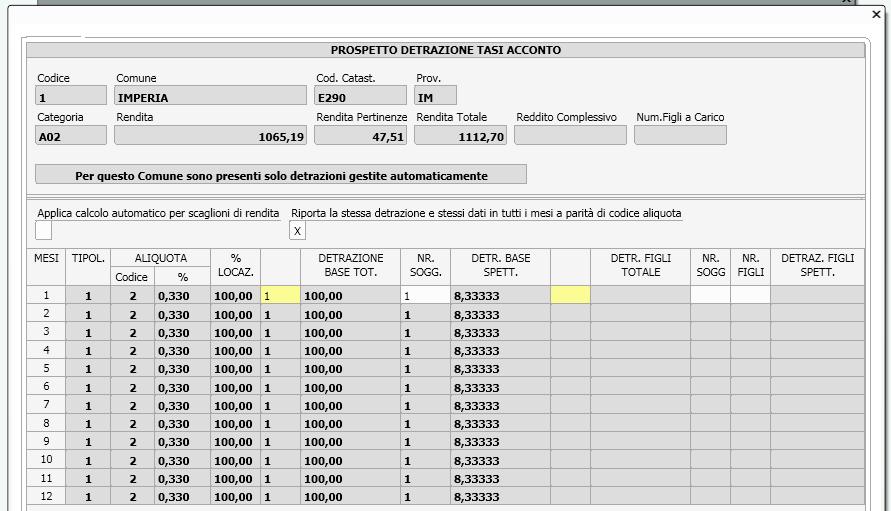 Riporta la stessa detrazione e stessi dati per tutti i mesi a parità di codice aliquota Per non dover indicare la medesima detrazione (compresi i dati Nr. soggetti e Nr.