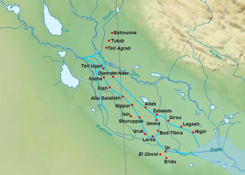 Ecco a destra una mappa con le antiche città dei Sumeri, la più antica è Uruk. Prova a cercare la città di Ur nella mappa.