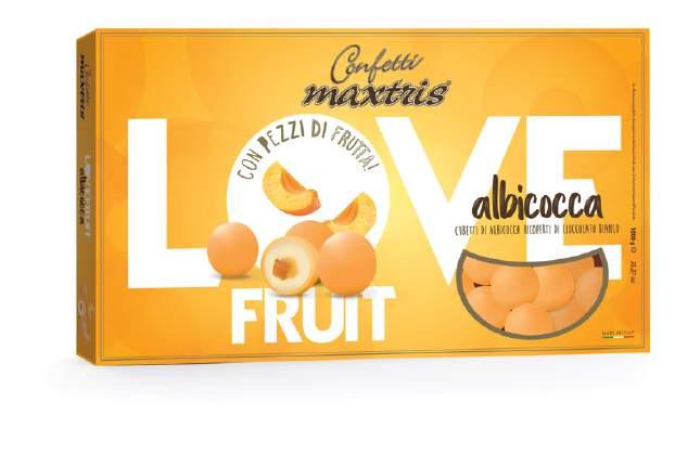 love fruit MAXTRIS LOVE FRUIT ALBICOCCA Cubetti di albicocca candita avvolti da uno strato di cioccolato bianco, ricoperto da un