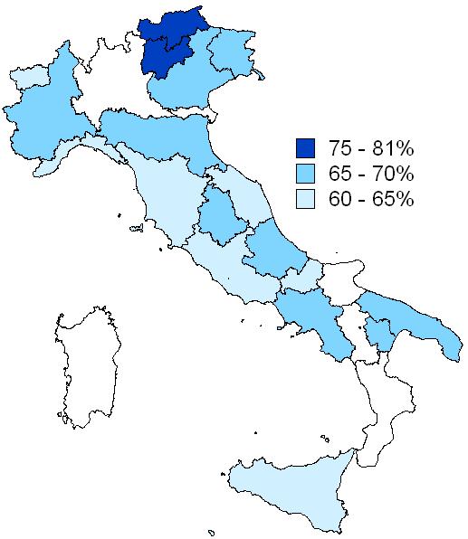 Nella AULSS 16, la percentuale di persone che percepiscono positivamente il loro stato di salute (69) è simile alla percentuale regionale (68) e superiore alla percentuale nazionale (65).