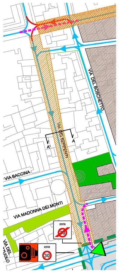 proposta di riorganizzazione di via dei Serpenti L intervento prevede l ampliamento dei marciapiedi su entrambi i lati e la realizzazione di un ampia superficie pedonale in corrispondenza di via