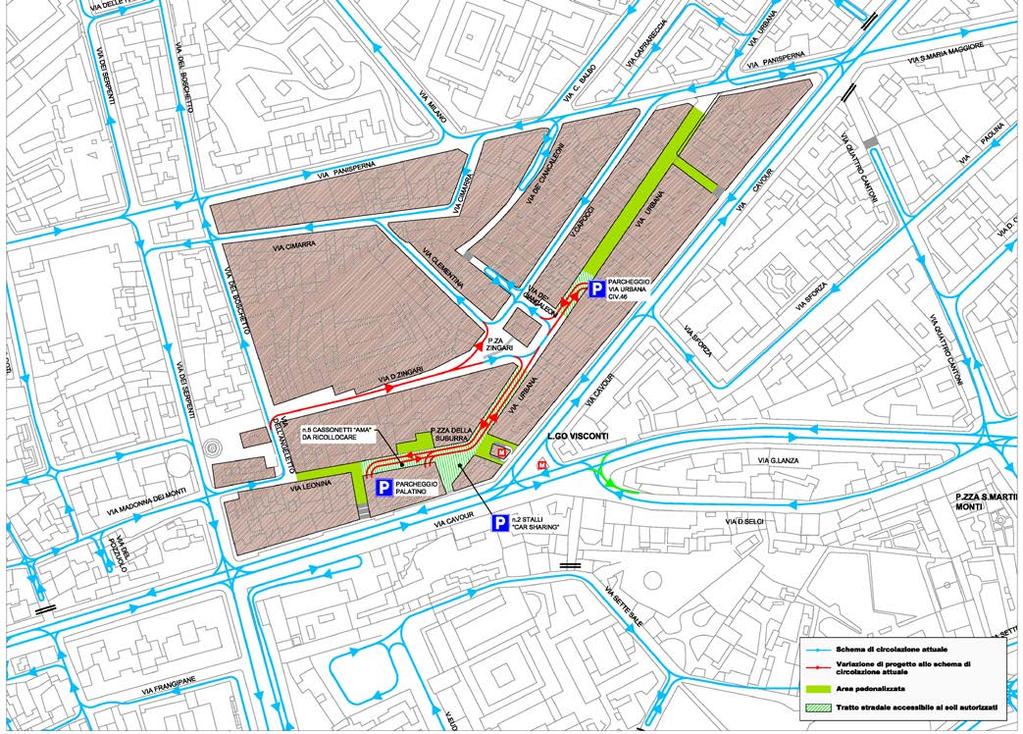 pedonalizzazione di via Urbana Ipotesi 2C accesso in piazza della Suburra da via Urbana pedonalizzazione di via Urbana da via de Ciancaleoni a via Panisperna pedonalizzazione di via