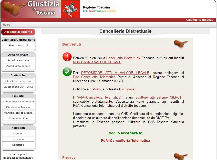 La pagina web si apre al seguente indirizzo: Manuale utente per CTU https://www.giustizia.toscana.