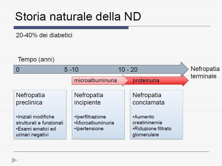 NEFROPATIA DIABETICA È una sindrome clinica caratterizzata da albuminuria persistente (> 300 mg/24h), da un inesorabile deterioramento della funzione renale e da ipertensione arteriosa.