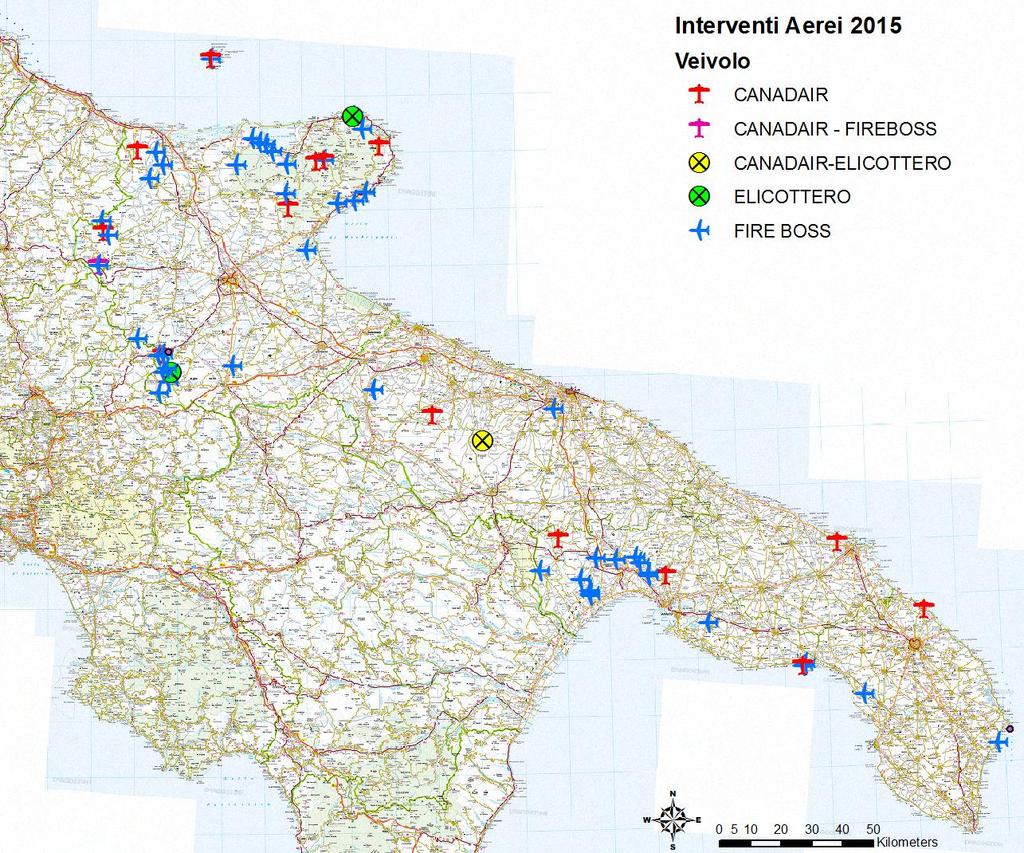 Distribuzione spaziale degli interventi aerei nel 2014: (18 interventi) (3 interventi) (56 interventi) (4 interventi) (1 interventi)