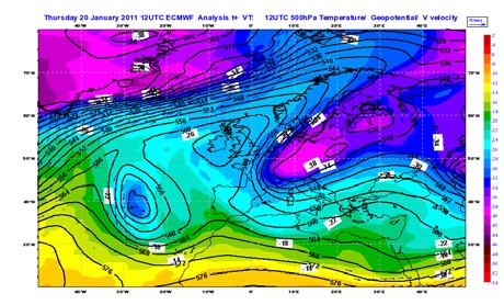 Mappa di analisi (da modello globale ECMWF) di geopotenziale, temperatura e velocità del vento del 20/01/2011 alle 12:00 UTC a 500