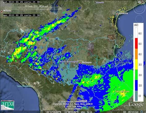 Nella notte tra il 20 ed il 21, il perdurare dei flussi da est porta ad un'espansione delle precipitazioni a tutta la parte