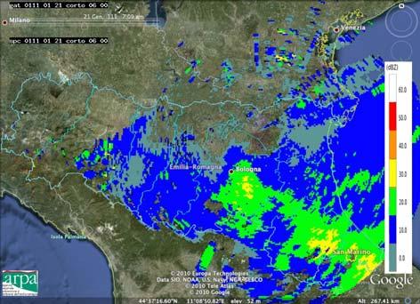 Mappe di riflettività del 21/01/2011 alle ore 06:00 UTC (in alto a