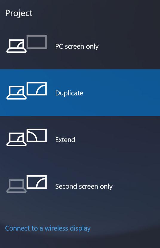 3 Selezionare una delle seguenti modalità di visualizzazione: Solo schermo PC Duplica Estendi Solo secondo