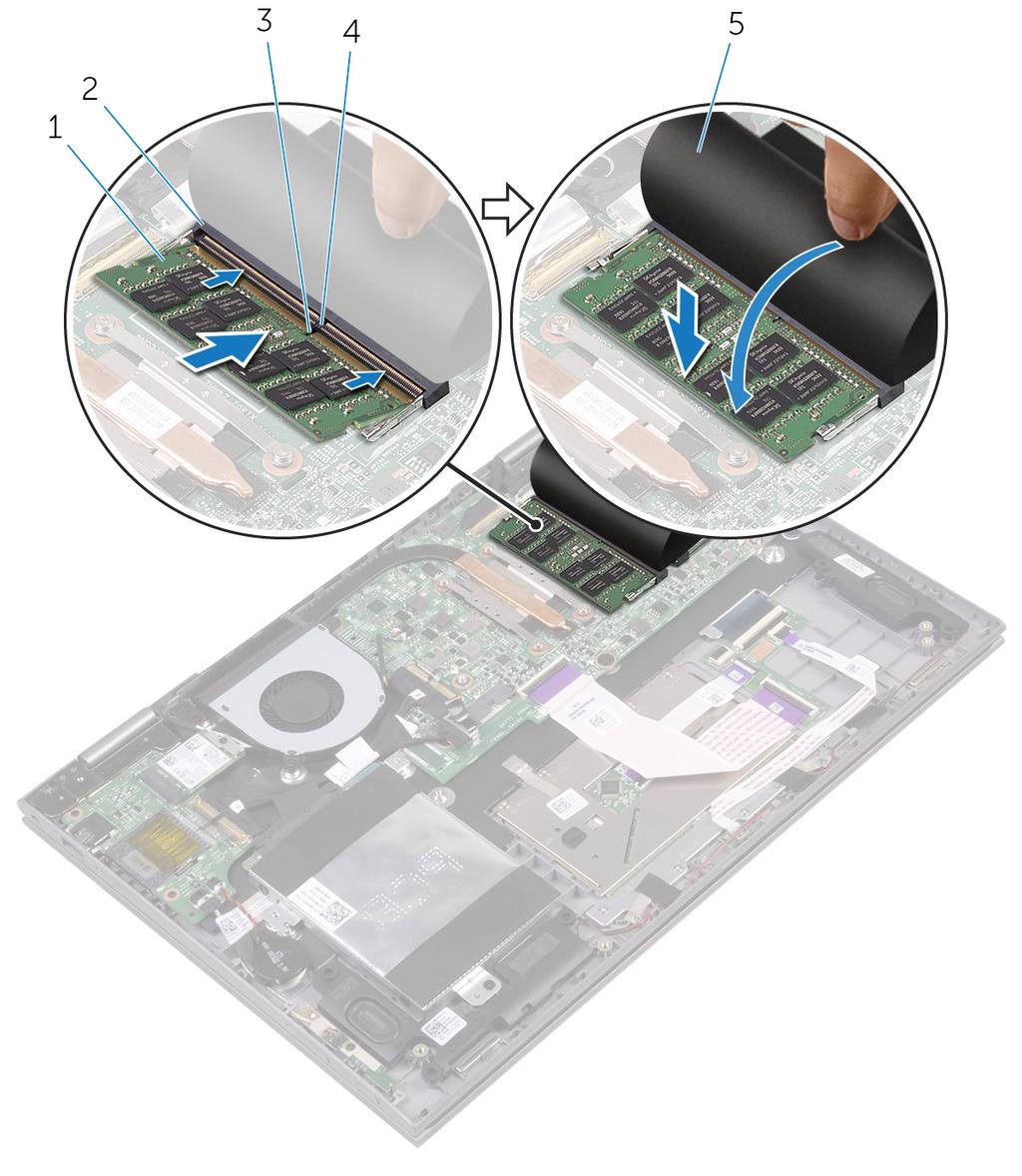 3 Far scorrere il modulo di memoria stabilmente all'interno dello slot da un'angolo e premerlo verso il basso finché non scatta in posizione. N.B.