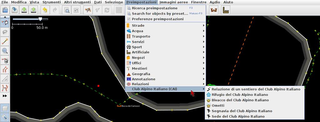 Il preset CAI Come ausilio all editing con Josm è disponibile un file di preset che aggiunge alla preimpostazioni alcuni tag già predisposti alla mappatura C.A.I. E scaricabile da https://github.