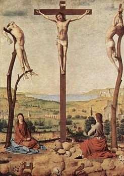 La crocifissione ( 1475 ) Olio su tavola di tiglio (59,7 42,5 cm) Gesù Cristo al centro