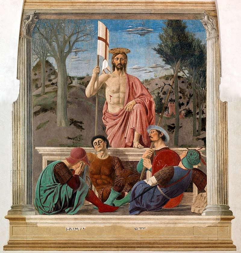 La Resurrezione di Cristo ( 1463 ) Affresco (225x200cm) Museo civico Sansepolcro Scena incorniciata da due colonne, un basamento e un architrave La figura di Cristo divide il