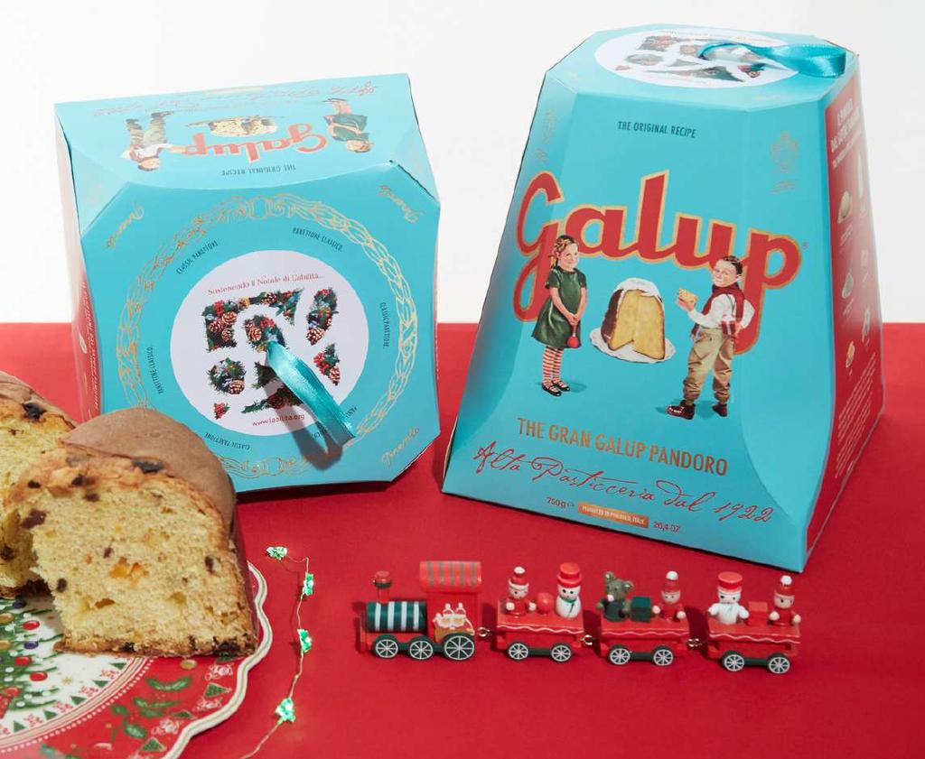 Panettone e pandoro Una prestigiosa confezione personalizzata L abilità per la ricetta tradizionale del Panettone Gran Galup, con glassa alla nocciola fatta a mano, frutta candita e uva