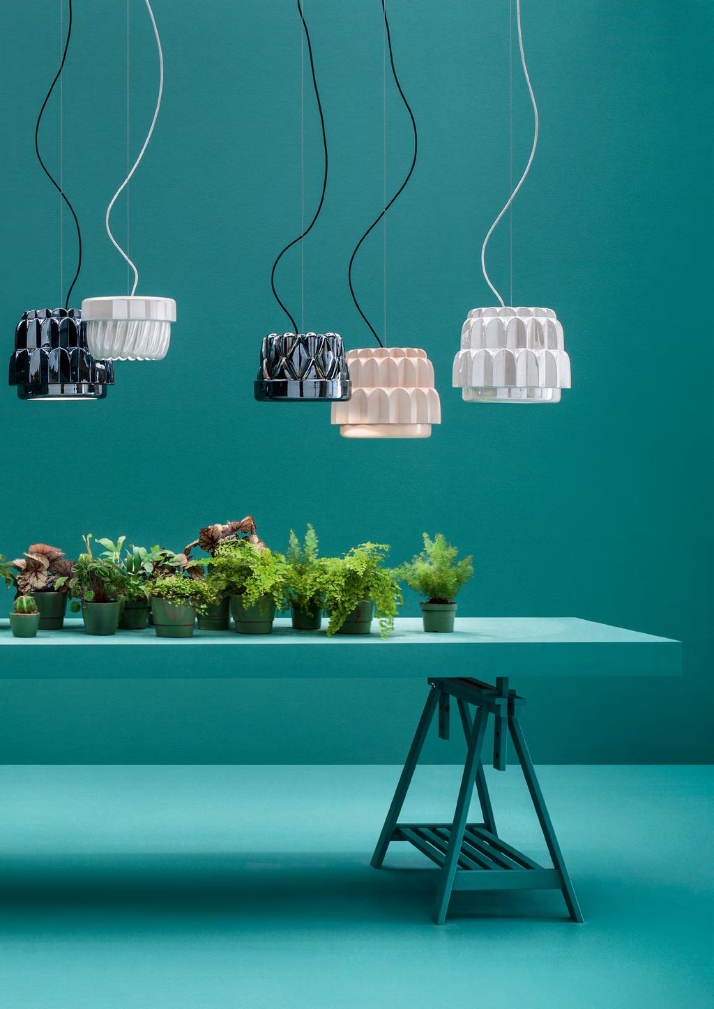 This collection of suspension lamps is inspired by an ideal banquet where the stars are the Savarin puddings, created using the unmistakable moulds, a perfect example of