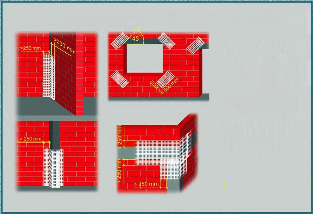 Le finestre e le traverse delle porte vanno rinforzate con una rete in fibra di vetro della grandezza di minimo 500 x 300 mm.