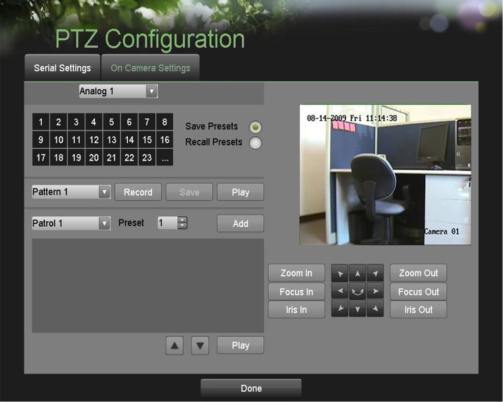 Figura 40. Menu PTZ Configuration (Configurazione PTZ)> On Camera Settings (Impostazioni Sulla Camera) 3. Selezionare la camera da testare dal menu a tendina. 4. Usare i pulsanti direzionali e gli altri pulsanti di gestione PTZ (Zoom In/Out, Fuoco In/Out, Iride In/Out), per testare la funzionalità della camera PTZ.