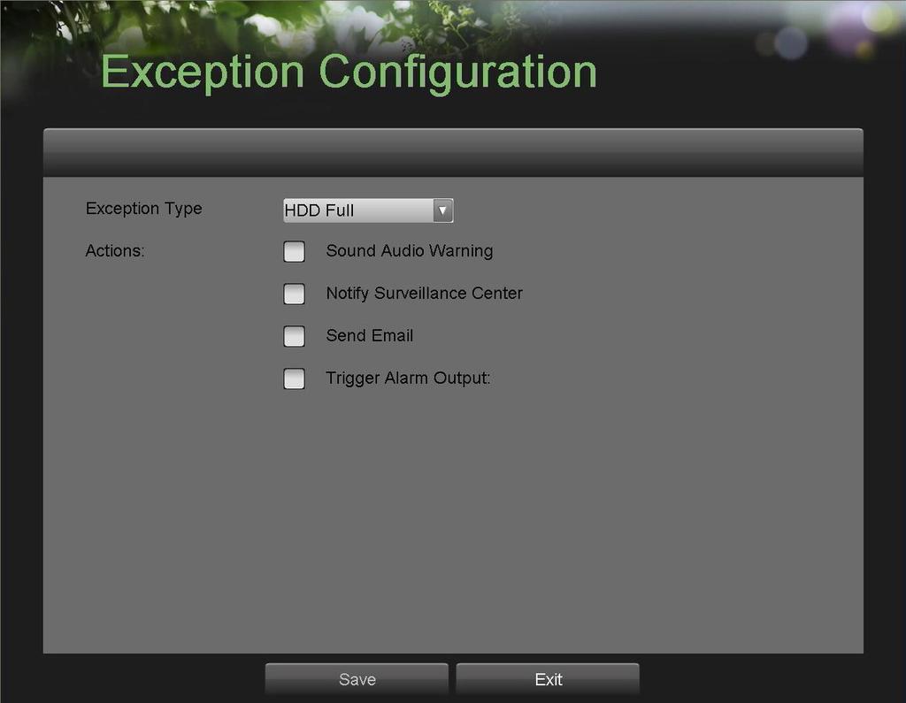 Figura 45. Menu Exception Configuration (Configurazione Eccezioni) 2. Selezionare il tipo di eccezione di sistema che si desidera configurare.